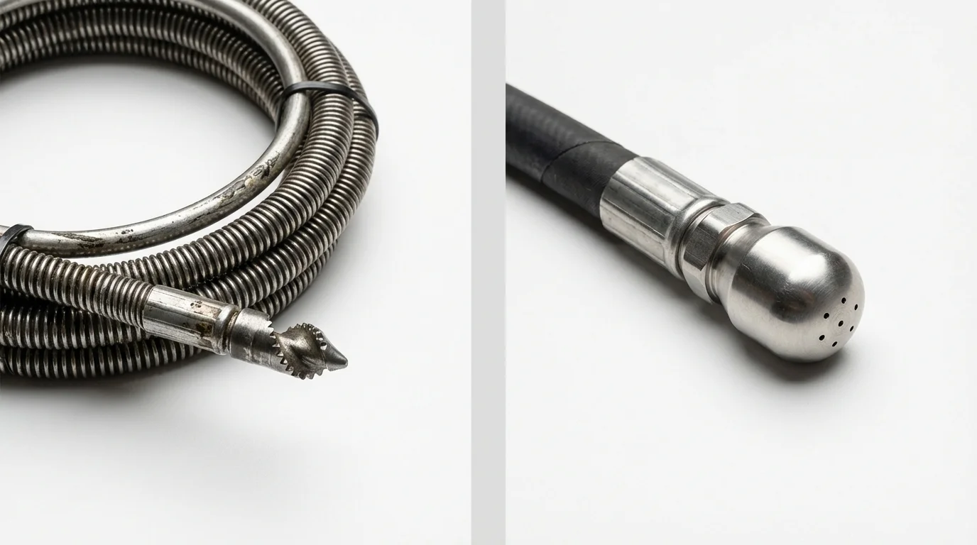 Drain snake cable and hydro jetting nozzle used for drain cleaning in Victorville, CA