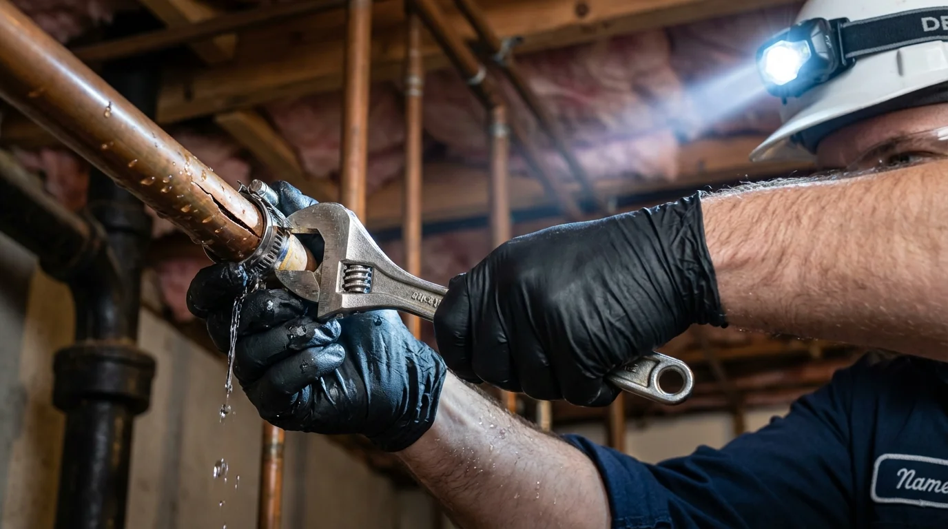 Emergency pipe clamp repair being performed by a Johns Plumbing LLC plumber in Victorville
