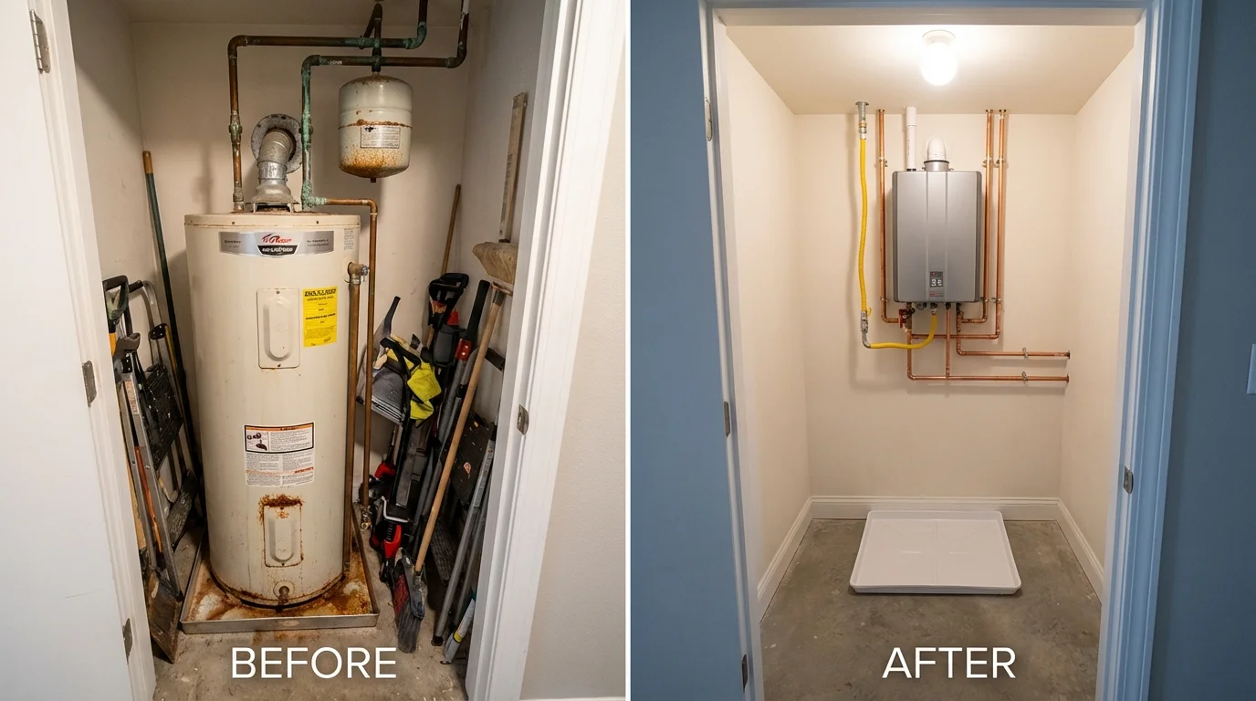 Tank water heater versus wall-mounted tankless unit comparison for Victorville, CA homeowners