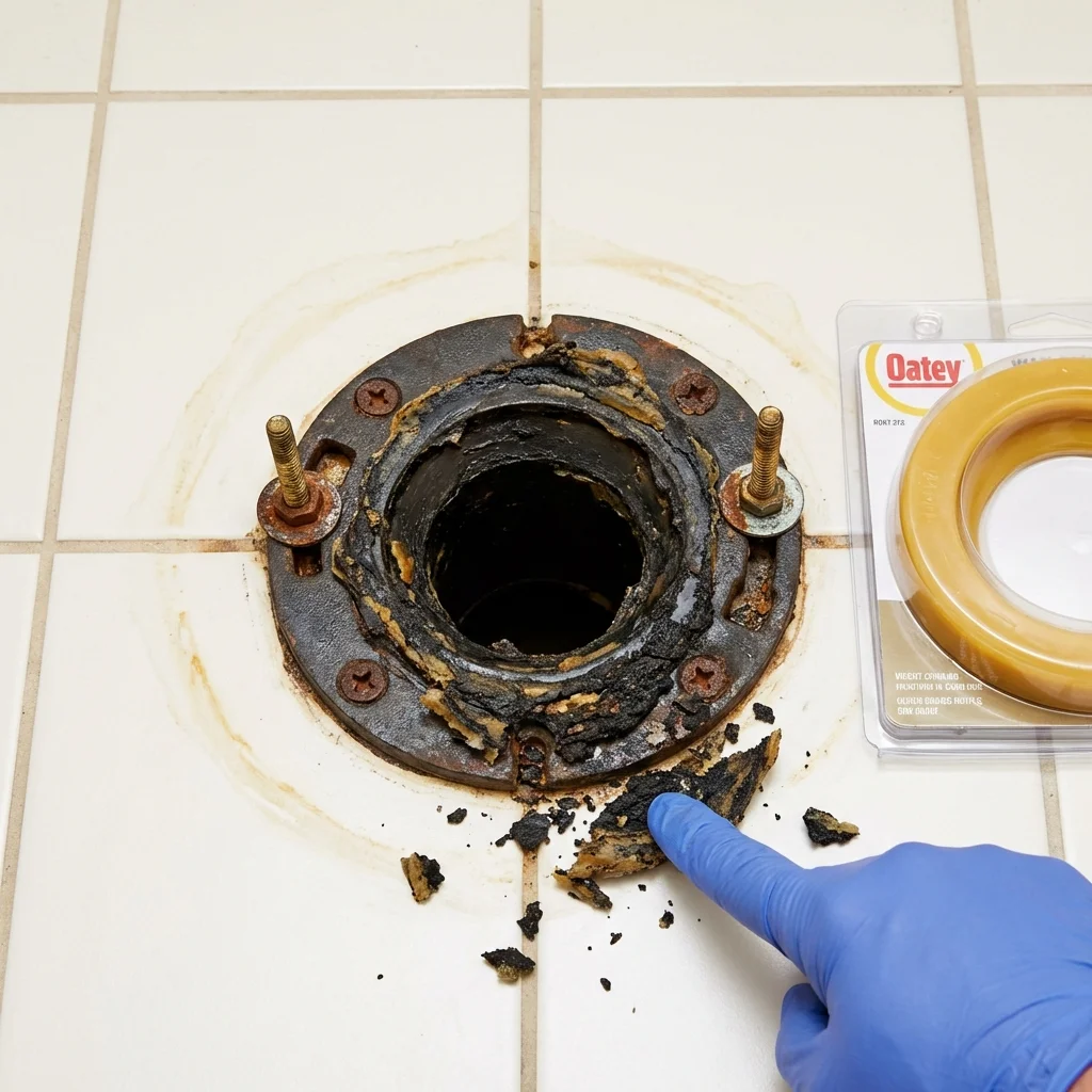 Failed wax ring showing water seepage at the base of a toilet in a Victorville, CA home