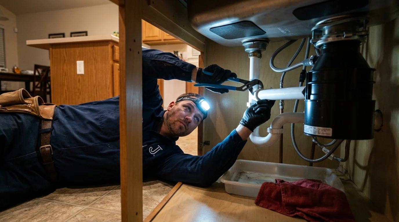 P-trap and supply line connections under a kitchen sink showing a common leak point in Victorville, CA